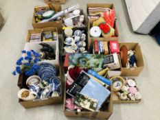 11 X BOXES OF HOUSE SUNDRIES TO INCLUDE WILLOW PATTERN TEA AND DINNER WARE, XMAS DECORATIONS,