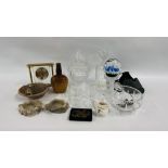 PAIR OF CARVED HARDSTONE POTS, WADE ASHTRAY, SET OF 4 STUART CRYSTAL TUMBLERS AND MATCHING DECANTER,