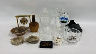 PAIR OF CARVED HARDSTONE POTS, WADE ASHTRAY, SET OF 4 STUART CRYSTAL TUMBLERS AND MATCHING DECANTER,