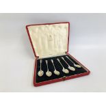 A CASED SET OF SIX SILVER AND ENAMELLED ART DECO STYLE 1937 CORONATION COFFEE SPOONS INSCRIBED G&E