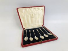 A CASED SET OF SIX SILVER AND ENAMELLED ART DECO STYLE 1937 CORONATION COFFEE SPOONS INSCRIBED G&E