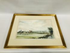 KEITH JOHNSON WATERCOLOUR "BROADLAND LANDSCAPE FARM AT ACLE 1975" 36 X 56CM.