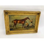 OIL ON BOARD OF HORSE AND JOCKEY SIGNED H.HALL IN GILT FRAME 51CM X 30.5CM (FRAME 66CM X 46CM).