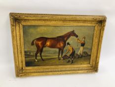 OIL ON BOARD OF HORSE AND JOCKEY SIGNED H.HALL IN GILT FRAME 51CM X 30.5CM (FRAME 66CM X 46CM).