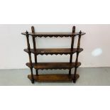 A WELL DETAILED OAK FOUR TIER BRACKET SHELF WIDTH 88CM. DEPTH 16CM. HEIGHT 86CM.