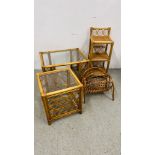 FOUR PIECES OF WICKER FURNITURE TO INCLUDE TWO GLASS TOP COFFEE TABLES,