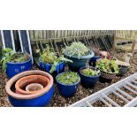 18 VARIOUS GARDEN PLANTERS TO INCLUDE BLUE VITREOUS GLAZED