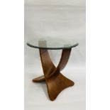 DESIGNER MID CENTURY OCCASIONAL TABLE WITH CIRCULAR CLEAR GLASS TOP