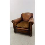 EARLY C20th LEATHER CLUB CHAIR WITH CUSHIONED SEAT AND STUD DETAIL.