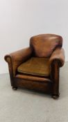 EARLY C20th LEATHER CLUB CHAIR WITH CUSHIONED SEAT AND STUD DETAIL.