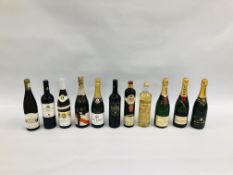 11 BOTTLES OF WINE AND CHAMPAGNE TO INCLUDE MOET & CHANDON, BLUE NUN GOLD, SHIRAZ, BLACK TOWER,