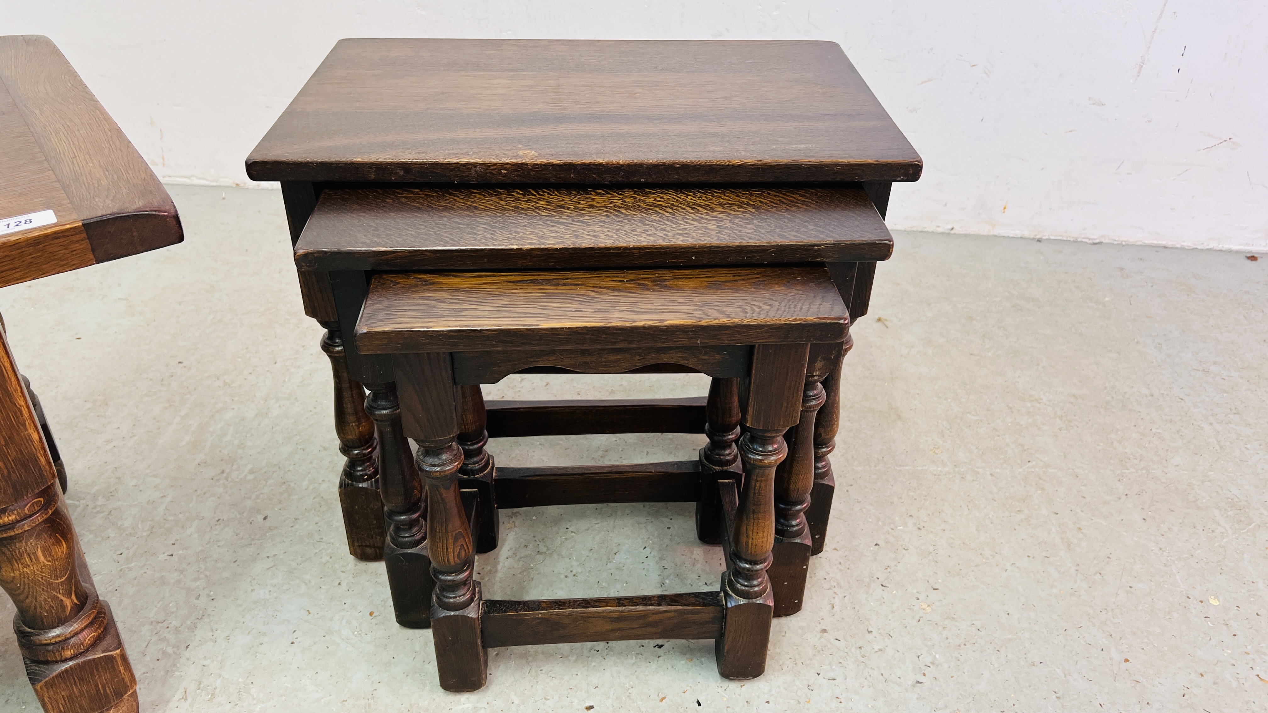 A NEST OF THREE OAK GRADUATED OCCASIONAL TABLES, RECTANGULAR TWO DRAWER OAK COFFEE TABLE WIDTH 49CM. - Image 10 of 12