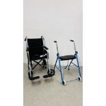 CARE CO. ALUMINIUM FOLDING WHEELCHAIR ALONG WITH HERDEGEN ROLLATOR WITH SEAT.