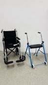 CARE CO. ALUMINIUM FOLDING WHEELCHAIR ALONG WITH HERDEGEN ROLLATOR WITH SEAT.