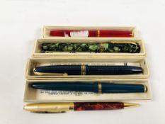 A GROUP OF FIVE VINTAGE "CONWAY" PENS TO INCLUDE FOUR FOUNTAIN PENS IN ORIGINAL BOXES
