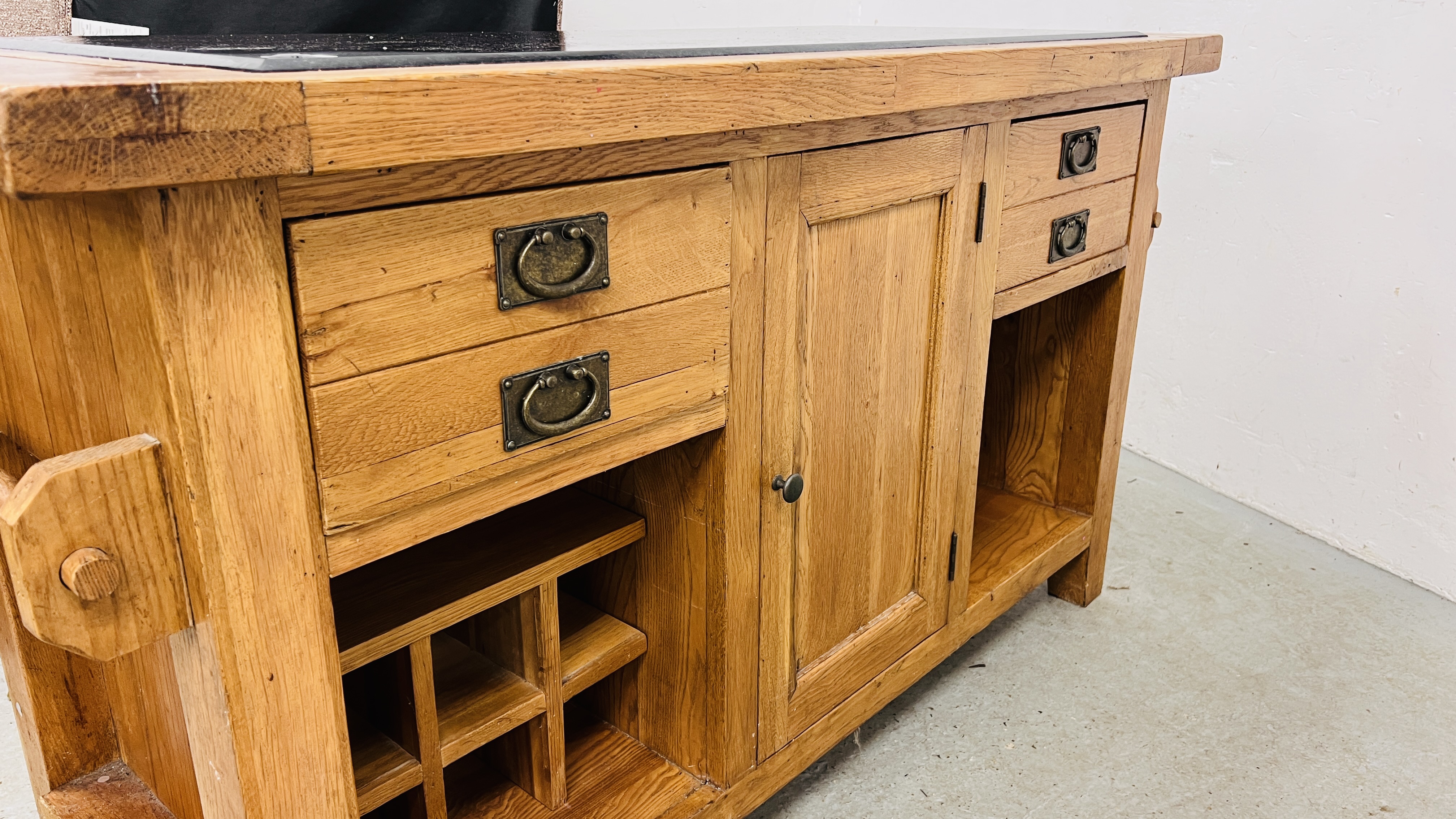 A SOLID OAK MARBLE TOPPED KITCHEN ISLAND WITH TWO SLIDE THROUGH DRAWERS AND SINGLE CENTRAL DOOR, - Image 19 of 21