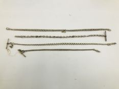 A GROUP OF FOUR VINTAGE SILVER WATCH CHAINS.