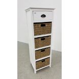 A MODERN WHITE FINISH TOWER CHEST WITH SEAGRASS BASKET DRAWERS WIDTH 40CM. DEPTH 33CM. HEIGHT 116CM.