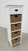 A MODERN WHITE FINISH TOWER CHEST WITH SEAGRASS BASKET DRAWERS WIDTH 40CM. DEPTH 33CM. HEIGHT 116CM.