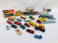 A COLLECTION OF VINTAGE DINKY VEHICLES INCLUDING COMMERCIALS AND ARMY VEHICLE, TRANSPORTER, BUSES,