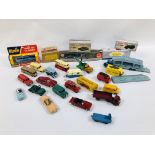 A COLLECTION OF VINTAGE DINKY VEHICLES INCLUDING COMMERCIALS AND ARMY VEHICLE, TRANSPORTER, BUSES,