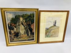 A FRAMED AND MOUNTED OIL ON CANVAS FRENCH VILLAGE SCENE ALONG WITH FRAMED AND MOUNTED WATERCOLOUR