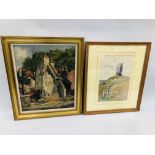 A FRAMED AND MOUNTED OIL ON CANVAS FRENCH VILLAGE SCENE ALONG WITH FRAMED AND MOUNTED WATERCOLOUR