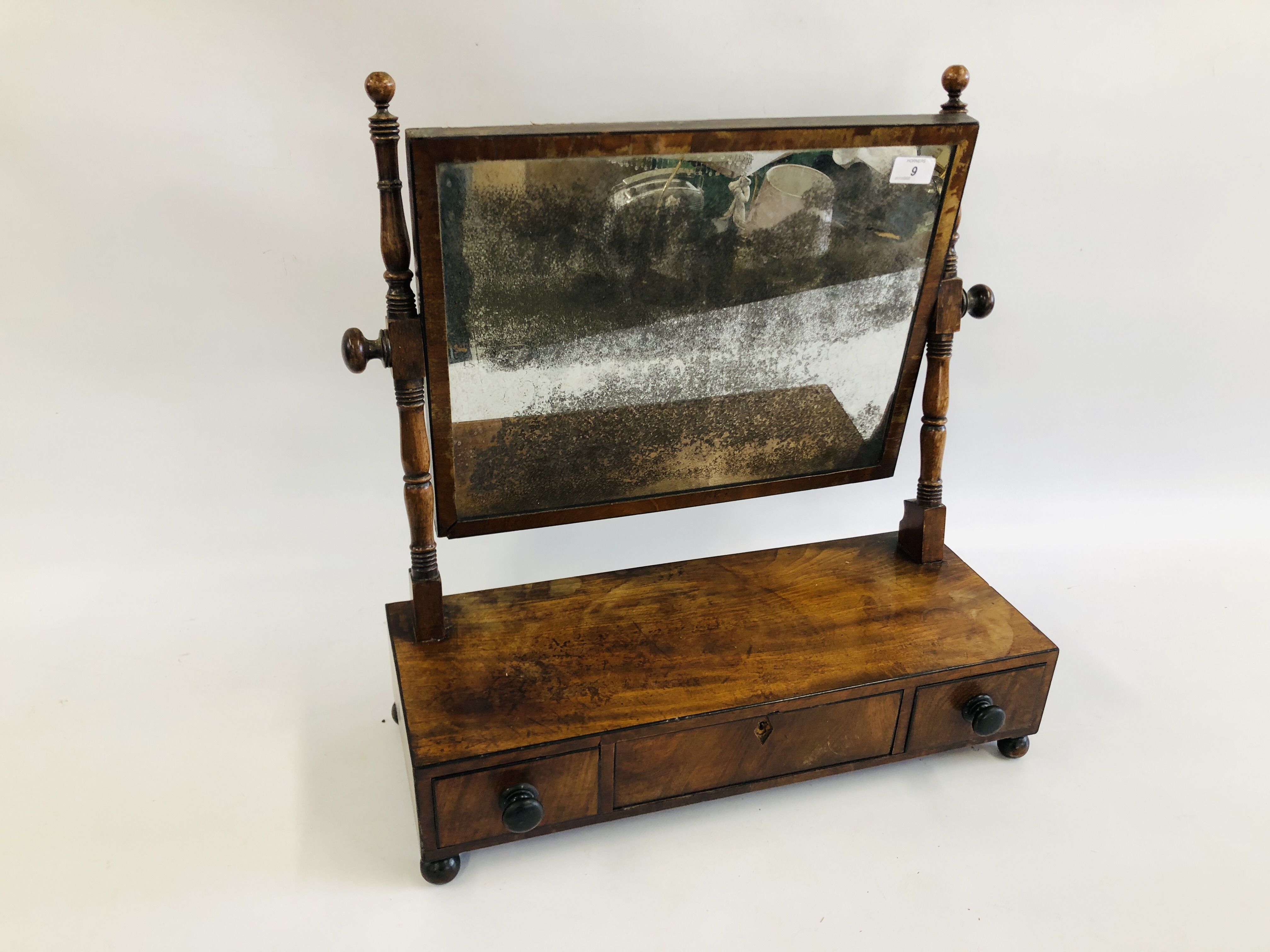 ANTIQUE MAHOGANY TOILET MIRROR WITH THREE DRAWERS.