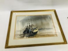 FRAMED WATERCOLOUR "SHIPPING SCENE" BEARING SIGNATURE STUART ATKINSON 35 X 52CM.