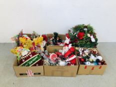 SIX BOXES CHRISTMAS DECORATIONS TO INCLUDE ARTIFICIAL WREATHS, FATHER CHRISTMAS, SNOW MEN,