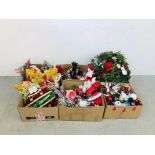 SIX BOXES CHRISTMAS DECORATIONS TO INCLUDE ARTIFICIAL WREATHS, FATHER CHRISTMAS, SNOW MEN,