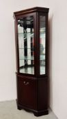 A MC DONAGH MAHOGANY FINISH HALF GLAZED CORNER DISPLAY CASE WIDTH 73CM. HEIGHT 185CM.