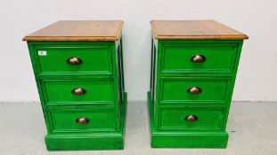 PAIR OF SHABBY CHIC THREE DRAWER BEDSIDE CHESTS FINISHED IN GREEN WITH CUP HANDLES