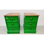 PAIR OF SHABBY CHIC THREE DRAWER BEDSIDE CHESTS FINISHED IN GREEN WITH CUP HANDLES