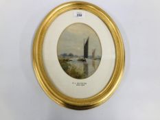 W. LESLEY RACKHAM WATERCOLOUR "BROADLAND SCENE WITH WHERRY" OVAL MOUNT HEIGHT 17.5CM.