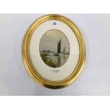 W. LESLEY RACKHAM WATERCOLOUR "BROADLAND SCENE WITH WHERRY" OVAL MOUNT HEIGHT 17.5CM.