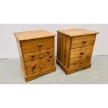 PAIR OF MODERN HONEY PINE THREE DRAWER BEDSIDE CHESTS, H 59CM.