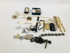 BOX OF ASSORTED VINTAGE JEWELLERY AND WATCHES TO INCLUDE MOSAIC BROOCH, SNAKE BROOCH,