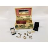 VINTAGE ORIENTAL MUSICAL JEWELLERY BOX AND CONTENTS TO INCLUDE THREE PAIRS OF SILVER CUFF LINKS,