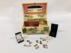 VINTAGE ORIENTAL MUSICAL JEWELLERY BOX AND CONTENTS TO INCLUDE THREE PAIRS OF SILVER CUFF LINKS,