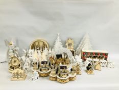 QTY OF WOODEN CRAFTED HOUSES AND WINTER VILLAGE SCENES SOME HAVING BATTERY POWERED LED LIGHT