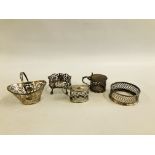 A GROUP OF FIVE SILVER PIECES ALL OF PIERCED DESIGN, LACKING GLASS LINERS, SILVER CIRCULAR MUSTARD,