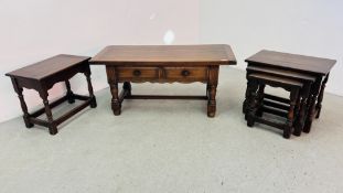 A NEST OF THREE OAK GRADUATED OCCASIONAL TABLES, RECTANGULAR TWO DRAWER OAK COFFEE TABLE WIDTH 49CM.
