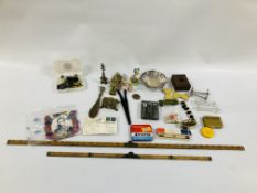 BOX OF COLLECTIBLES TO INCLUDE MEASURES, KNIFE RESTS, MINIATURE CUTLERY, GLOVE STRETCHERS,