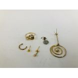 RING MARKED 14K A/F, PAIR OF 9CT. GOLD STUDS AND ONE OTHER, UNMARKED YELLOW METAL EARRINGS, 9CT.