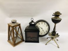 VINTAGE METAL CRAFT OIL LAMP, MODERN LANTERN AND ONE OTHER + MODERN WALL CLOCK.