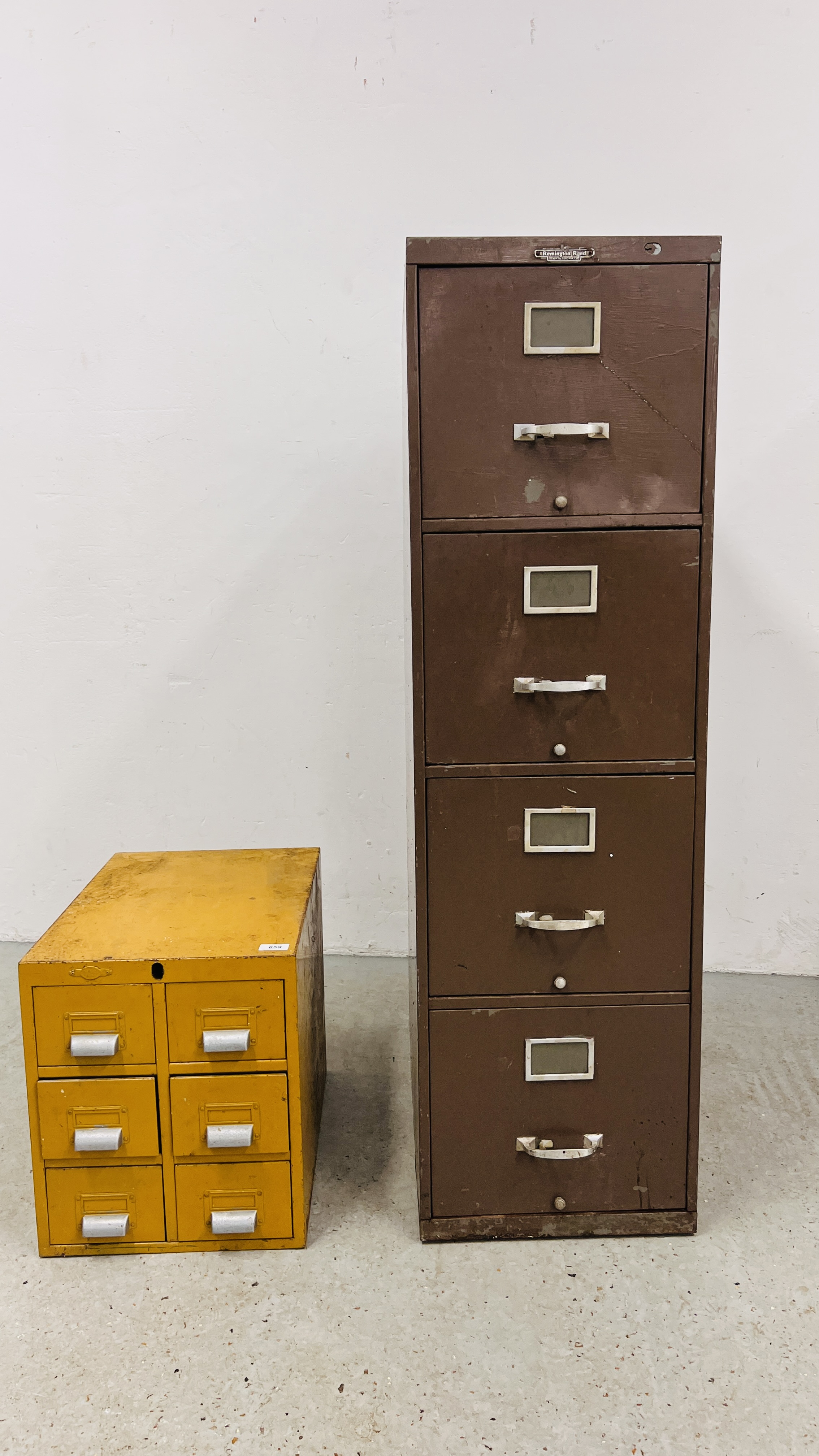 A VINTAGE YELLOW SIX DRAWER STEEL FILING CHEST BEARING MAKERS PLAQUE ART METAL,