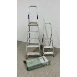 TWO PAIRS OF FOLDING ALUMINIUM STEPS AND FOLDABLE GARDEN KNEELER STOOL