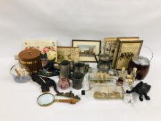 BOX OF ASSORTED COLLECTIBLES TO INCLUDE PEWTER TANKARDS, CAST DOOR STOP,