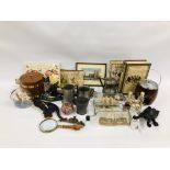 BOX OF ASSORTED COLLECTIBLES TO INCLUDE PEWTER TANKARDS, CAST DOOR STOP,